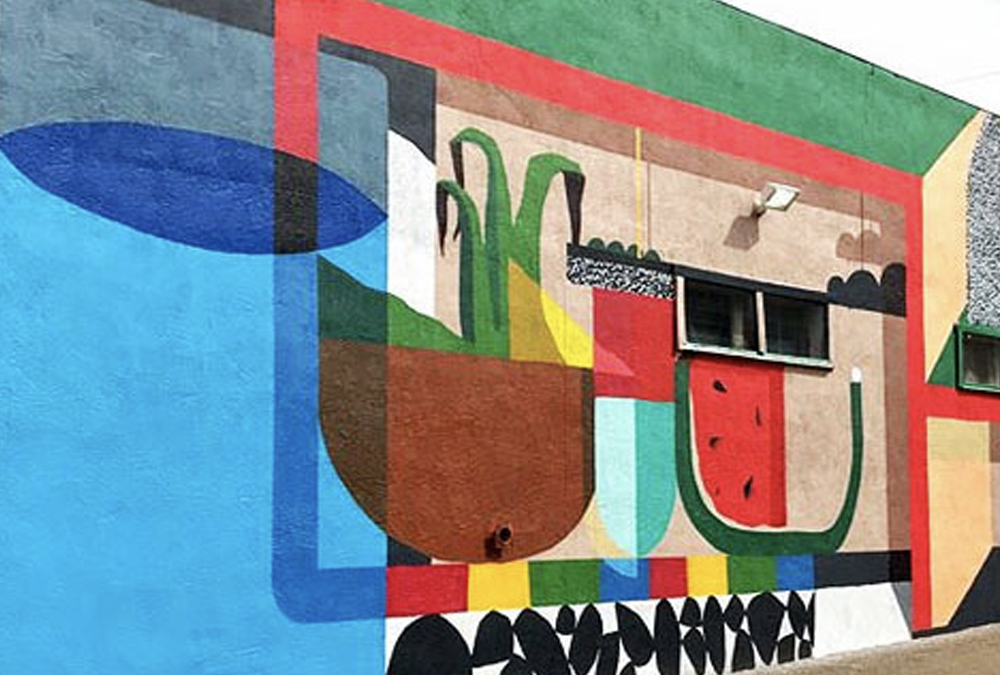 mural on abounding that looks like the farmers market but flat