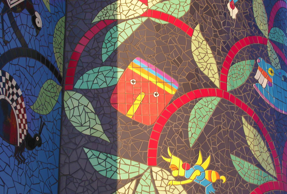 mural of mosaic box among flowers