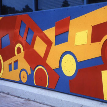mural of metal block car pile-up