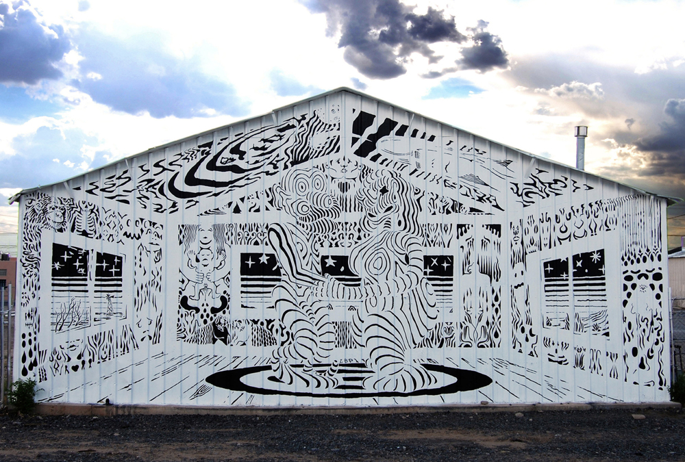 black and white line mural of spirit room