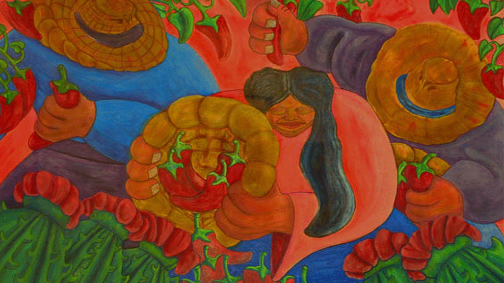 Mexican style mural of chili harvest