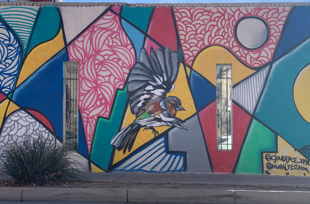 mural of song bird cubism